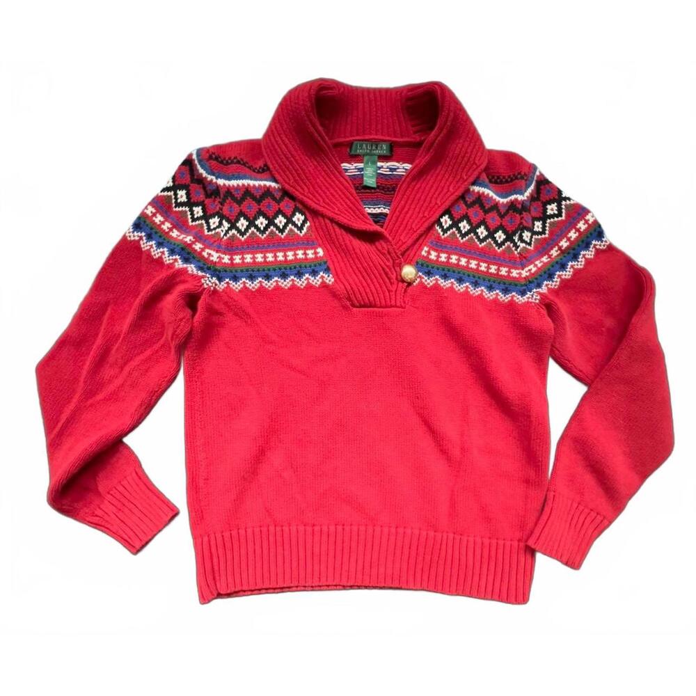 Lauren Ralph Lauren VTG Cotton Red Knit Sweater‎ with Patterned Yoke, Size Large